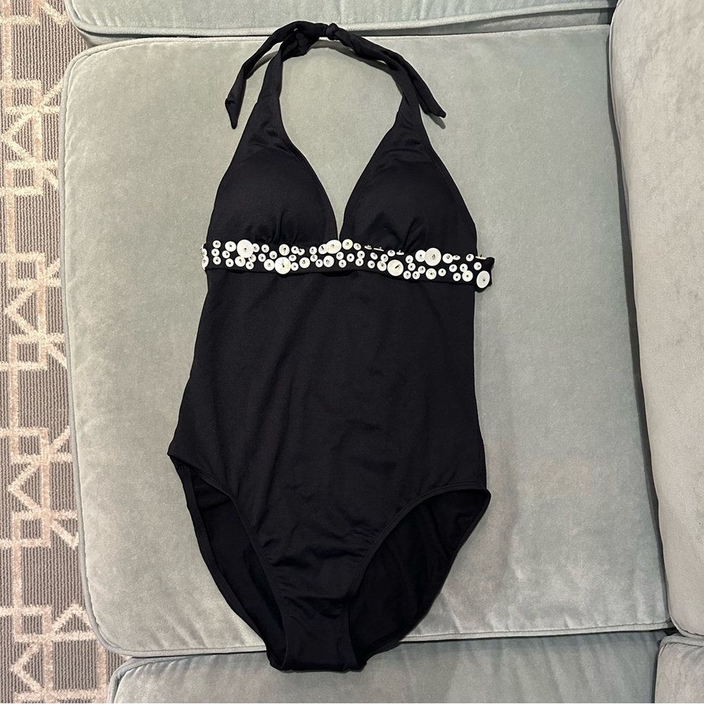 Elegant Black One-Piece Swimsuit with Mother of Pearl Button Embellishment NWOT - Picture 2 of 6